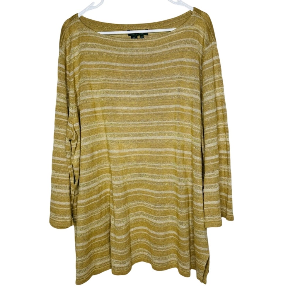 Lauren Ralph Lauren Womens Khaki Gold Metallic Silk Linen Knit Sweater Sz 3X